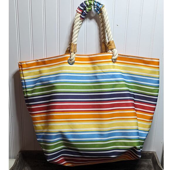 Lands End Rainbow Multicolor Beach Tote Bag Rope Handles - Picture 1 of 6